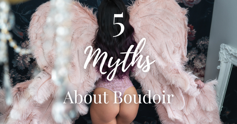 5 myths about boudoir dark haired woman in pink angel wings and lingerie