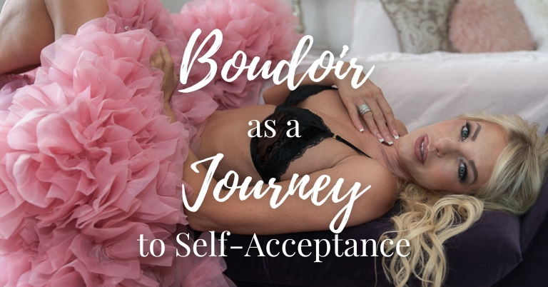 The Power of Self-Love: Boudoir as a Journey to Self-Acceptance - blonde woman posing for her boudoir shoot in pink tulle on a purple chaise lounge